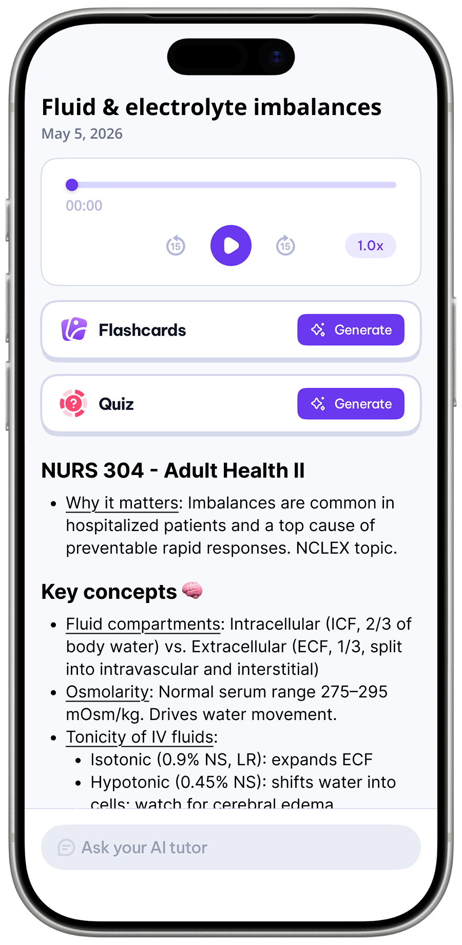 The Mangonote app showing AI-generated notes, flashcards, and a quiz